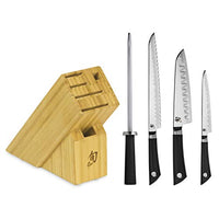 Shun Sora Block Set, 5 Piece, Santoku, Bread, and Paring Knife with Honing Steel, One Size, Black