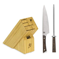 Shun Kanso, 3 Piece Set with Chef's, Honing Steel, and 6 Slot Knife Block , Light Brown