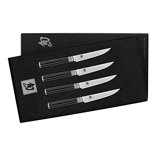 Shun DMS-400 Classic 4-Piece Knife Set Enhance Dinners with Elegant, Razor-Sharp Handcrafted of VG-MAX and Damascus Steel Striking PakkaWood Handles Four Steak Knives with 4.75" Blades, 4-Pc, Silver