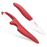 Kyocera Advanced Ceramic 3-inch Paring Knife with Vertical Double Edge Peeler, Red