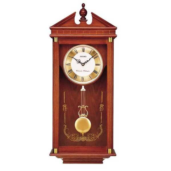 Seiko QXH107BLH Wall Pendulum Clock Dark Brown Solid Oak Case